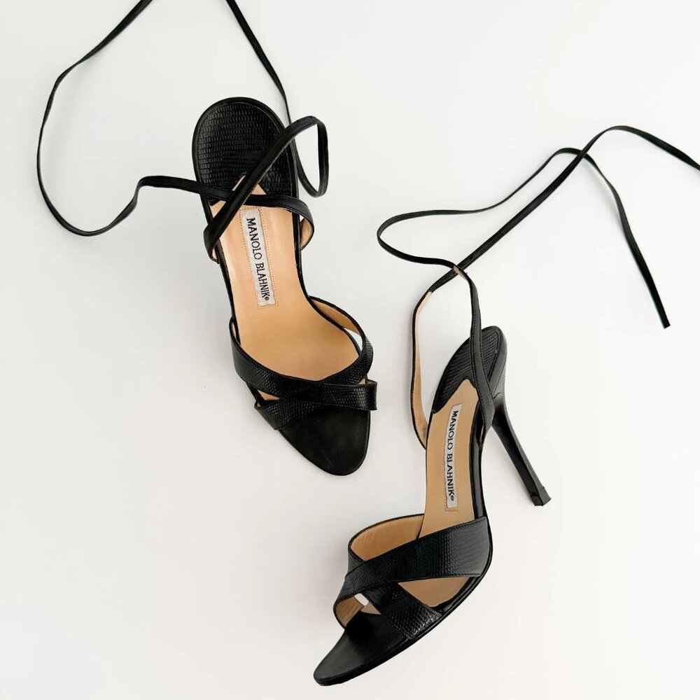 Manolo Blahnik Black Ankle Wrap Sandal Heels (IT 37) - Picture 3 of 4